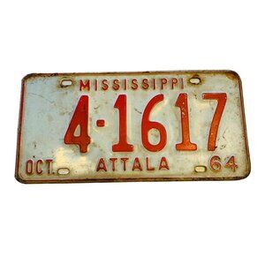 Old Antique Vintage Mississippi License Plate Car Tag 1964 Attala Magnolia